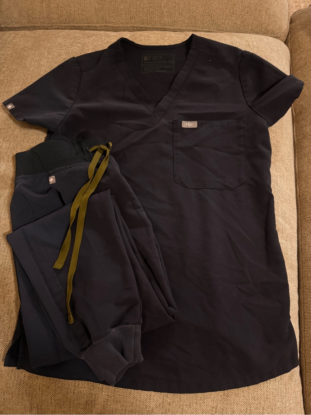 Figs Women's Navy Scrub Top with Olive Drawstrings